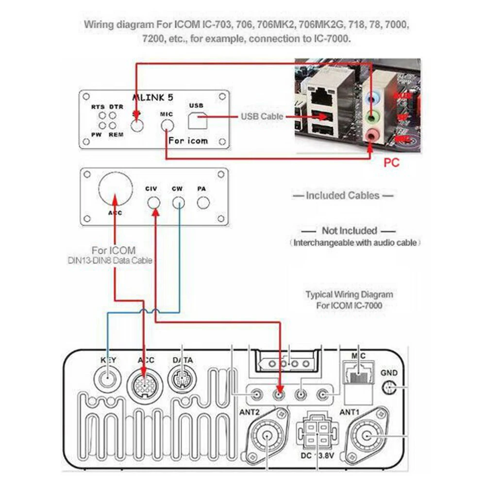 For U5 Link DIN8 To DIN13 For Radio Connector With P'ower Interface For ICOM For Ham Radio Data Cable ACC For Civ For Ptt