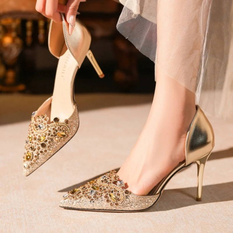 الفاخرة حجر الراين الديكور تصميم مضخات النساء أزياء أشار تو كعب رقيقة مأدبة اللباس أحذية أنيقة الزفاف أحذية الزفاف #5