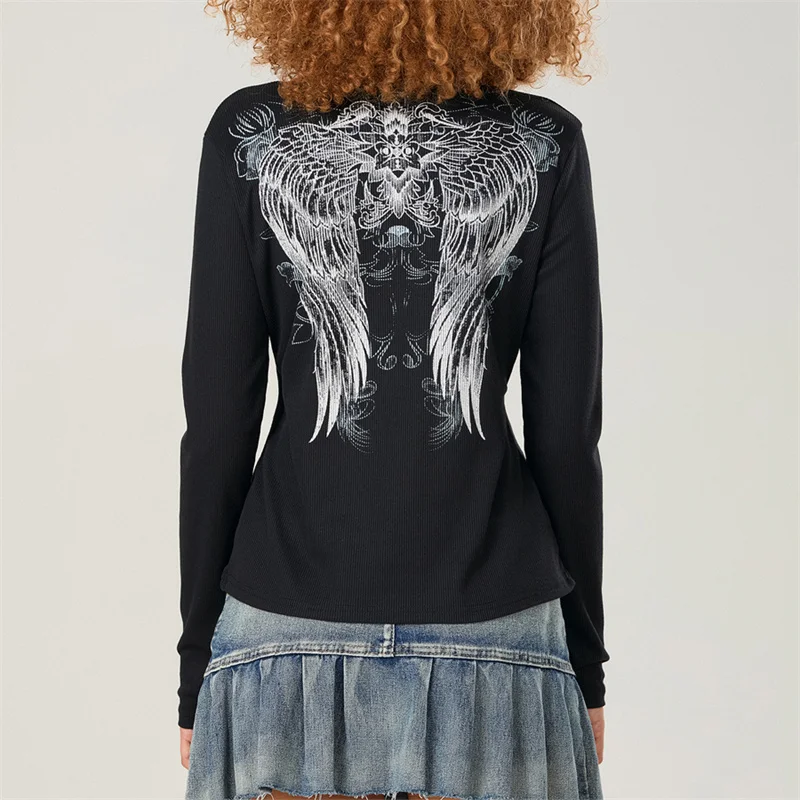 Y2k Grunge Cyber Tops Wings Graphic Print T-shirt Women Autumn Clothes Pullovers Tees Retro Aesthetic Cottage Crop Tops