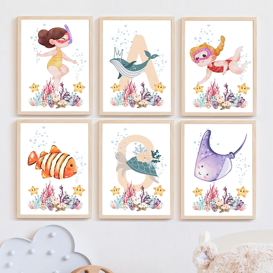 Ocean Animals Diving Little Girl Clownfish Crab Nordic Poster Wall Art Print Canvas Painting Wall Pictures For Kids Room Decor