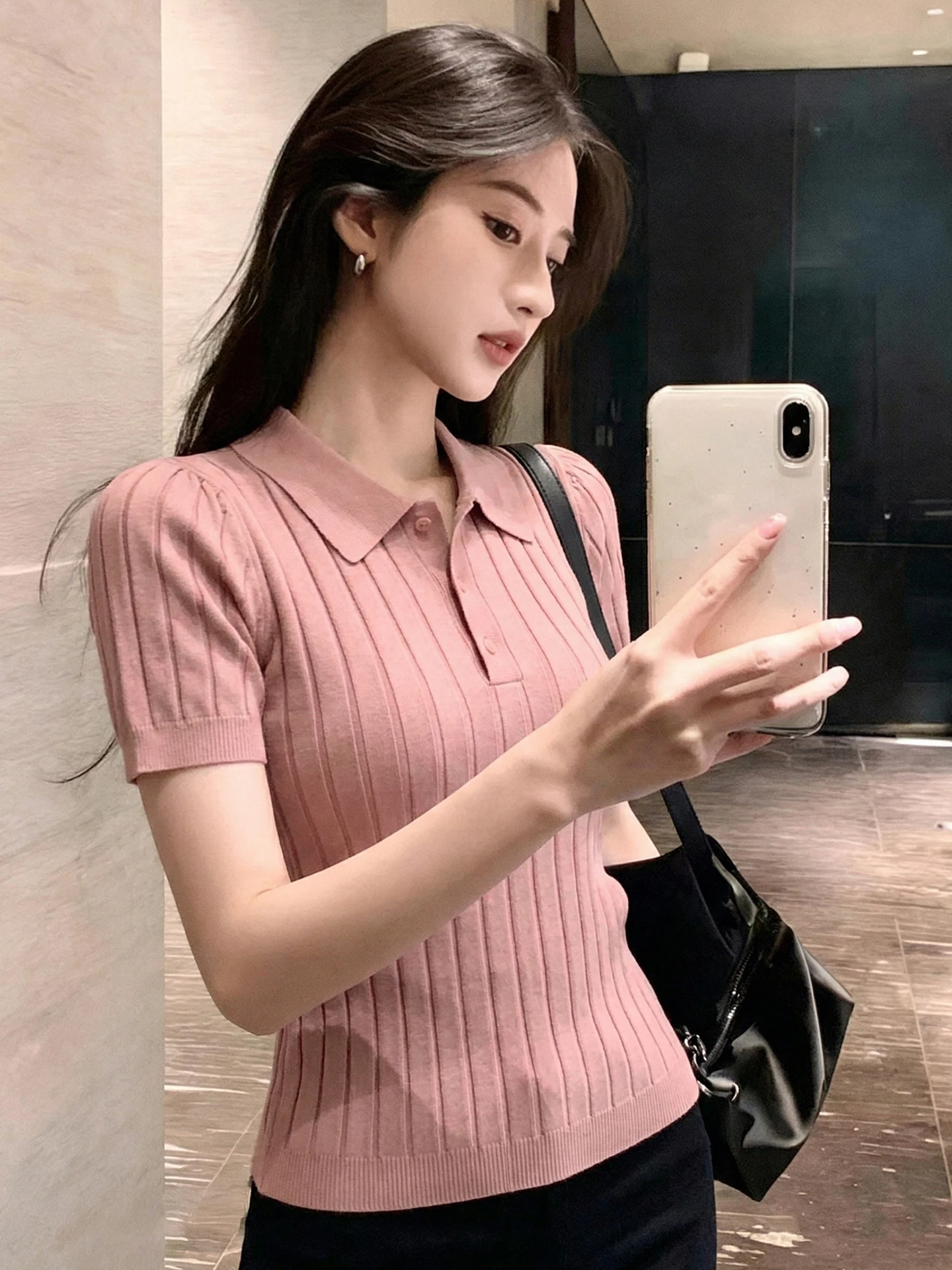 

Casual Versatile Short Sleeve Knitwear Slimming Stylish Summer Trendy Collar Top Women Fashionable Ageless Korean Style