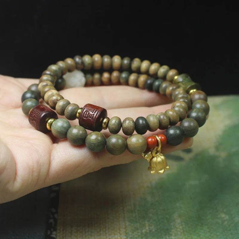 Green Sandalwood Double-Layer Bead Bracelet with Lily of the Valley Pendant, Creative DIY Accessory for Men and Women, Buddhist