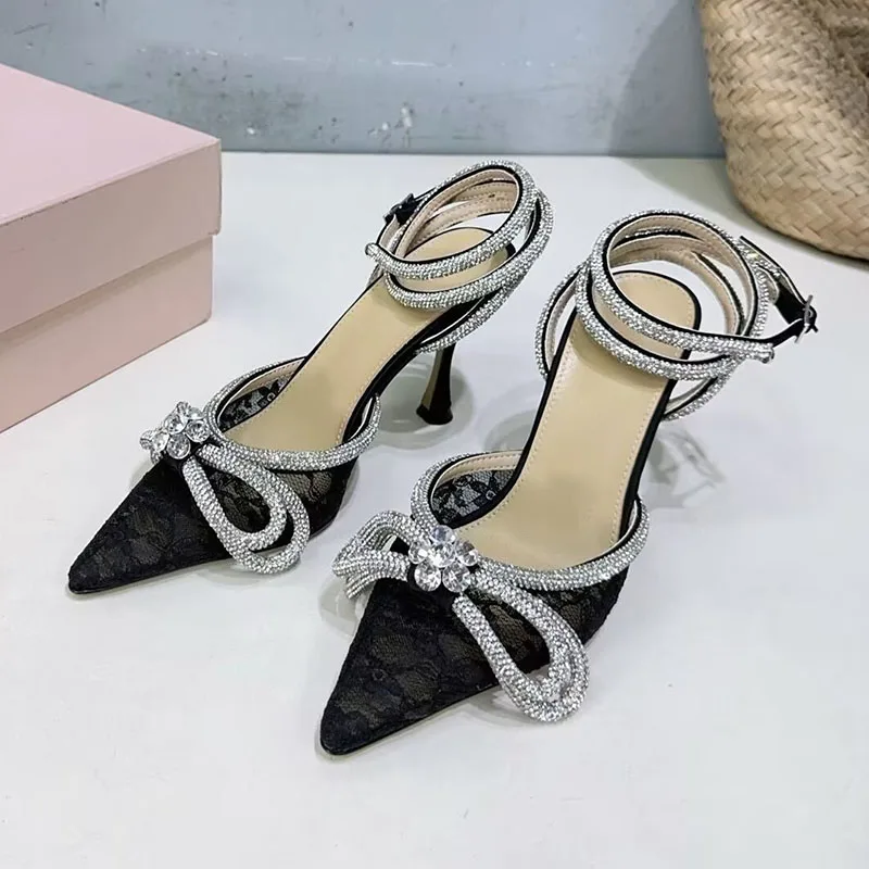 Runway Thin High Heel Pumps Women Pointed Toe Mesh Gauze Back Strap Slingback Sandals Ladies Sexy Party Banquet Dress Shoes