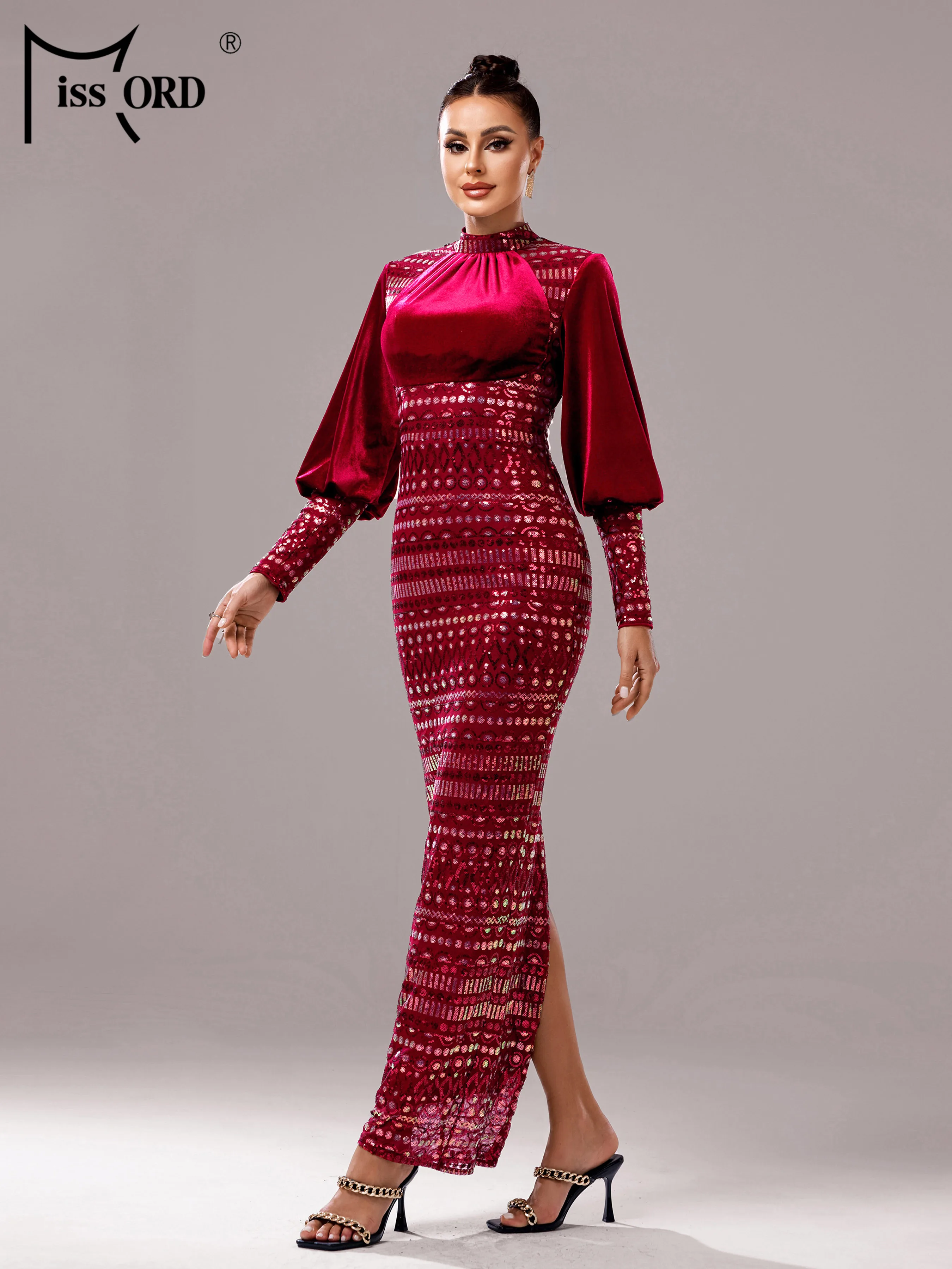 Missord Round Neck Lantern Sleeves Panel Wedding Birthday Sequin Party Mermaid Evening Formal Occasion Elegant Beautiful Dress