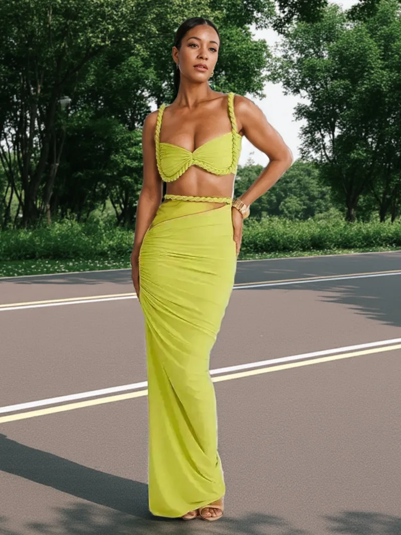 

Sexy Party Two Piece Set Spaghetti Strap Crop Top And Skirts Slim Bodycon 2 Pieces Sets Women Spring Summer Outfit L9VX