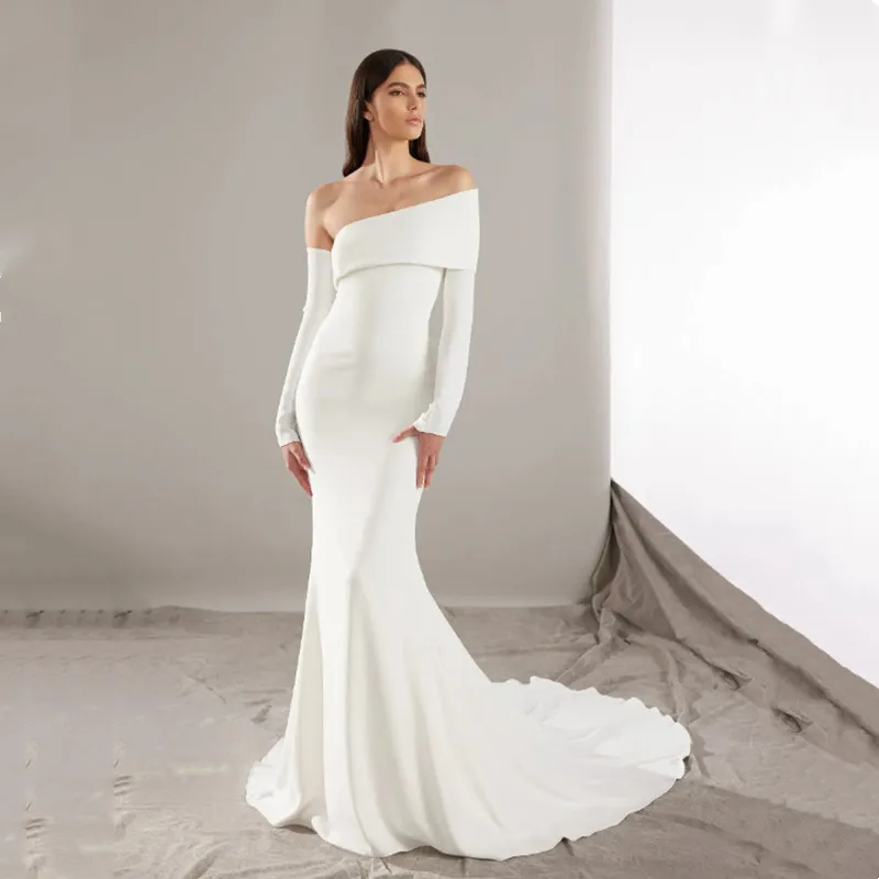 Robe de Mariée Longue en Forme de Sirène, Simple, Sexy, à Plis Formel, Manches sulf, Élégante, Dos aux, Fermeture Éclair, Train de Balayage, pour Patients