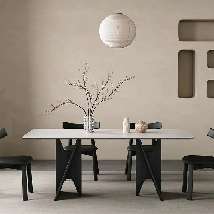 

Retro pure white rock slab dining table household small apartment rectangular dining table light luxury simple creative black