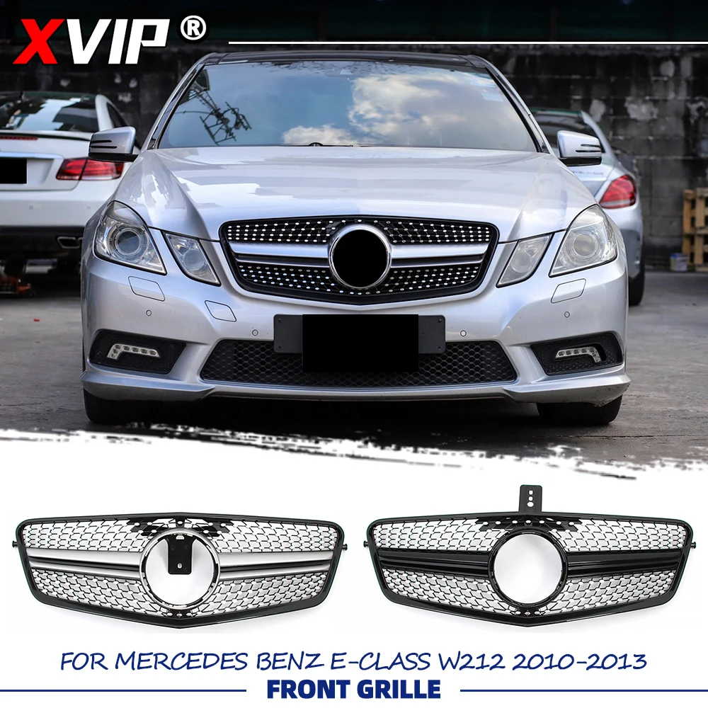XVIP Glänzend schwarzer Diamant-Stil-Rennkühlergrill, silberner Stoßstangengrill für Mercedes Benz E-Klasse W212 2010–2013 E200 E250 E300 E350