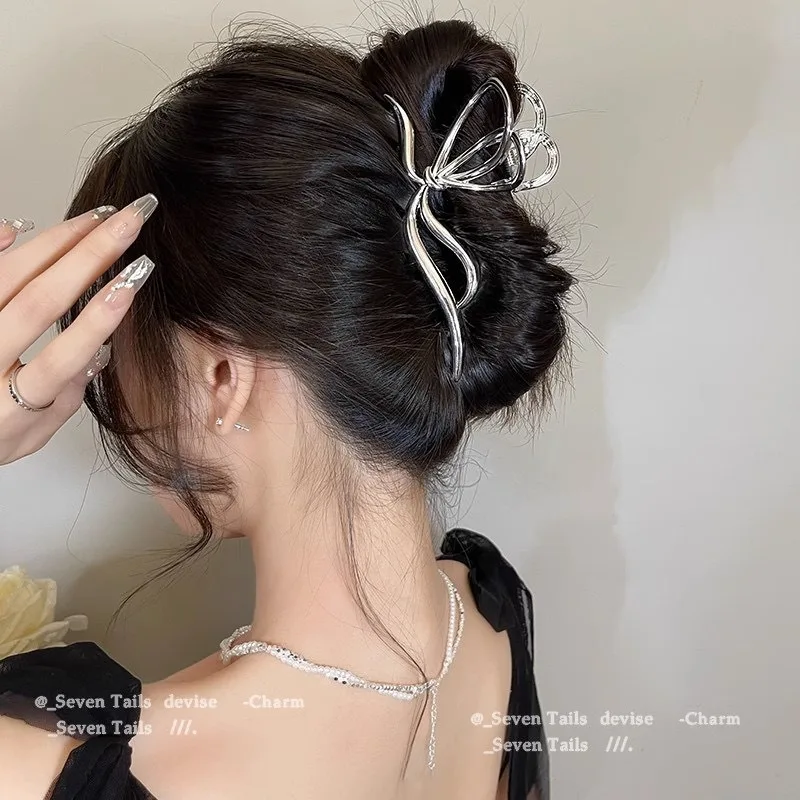 Silver Bow Knot Metal Hair Claw Clip, Large Strong Hold Hair Jaw Clip for Women, Fashion Hair Accessories