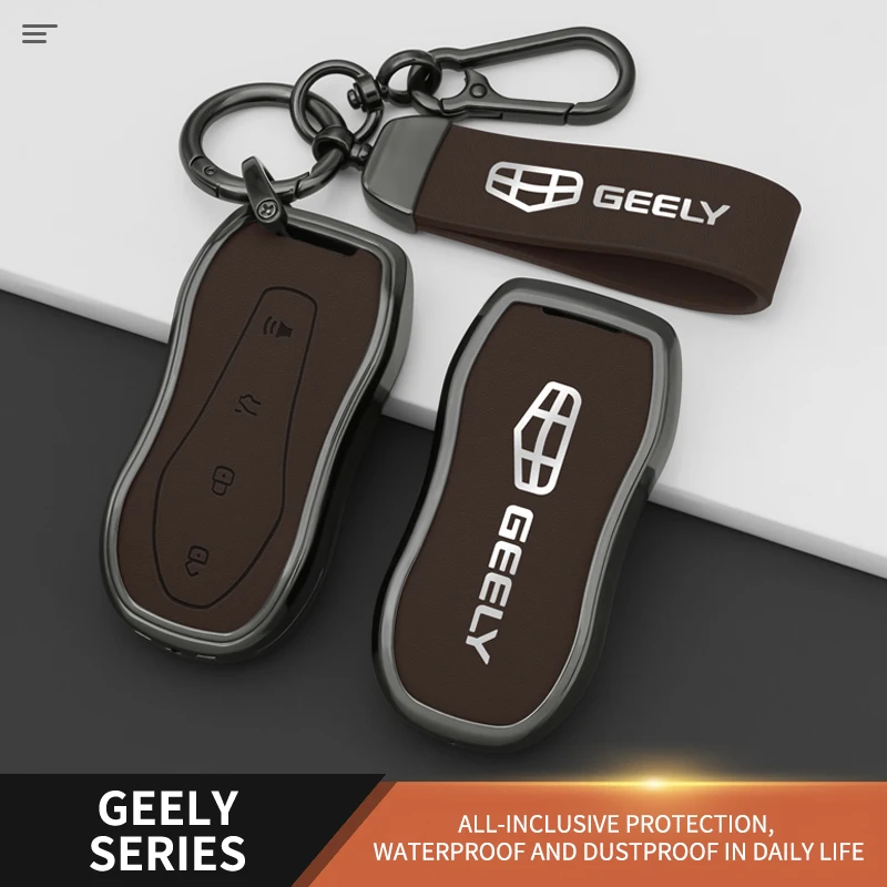 

Zinc Alloy Leather Car Key Case Cover For Geely Tugella 2020 Boyue Atlas Pro Gili Tugella Protector Keychain Fob Accessories