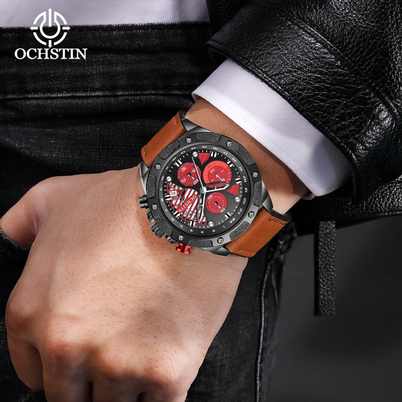 OCHSTIN Top Brand Men's Quartz Wristwatch Fashion Sports Chronograph Military Waterproof Leather Calendar Watch Men reloj hombre