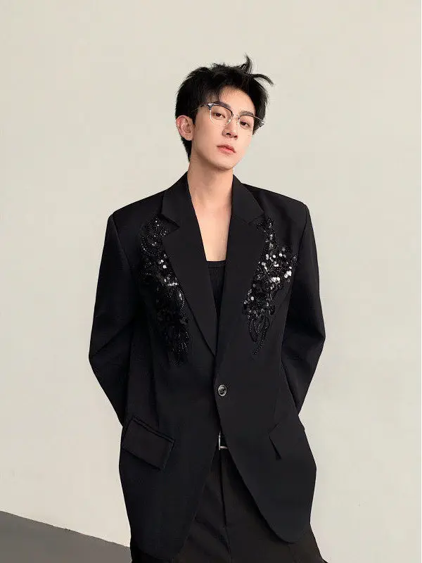 

TANGZ Studio Men's Embroidered Sequin 3D Flower Suit Jaet Wedding Formal Wear Polyester Fiber Long Sve Faion Urban Sle