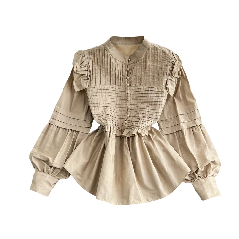 بلوزة Sweet Girl irt النسائية فضفاضة طويلة Sve بيضاء علوية ربيعية Faion كورية Sle مستديرة Ne زر التفاصيل