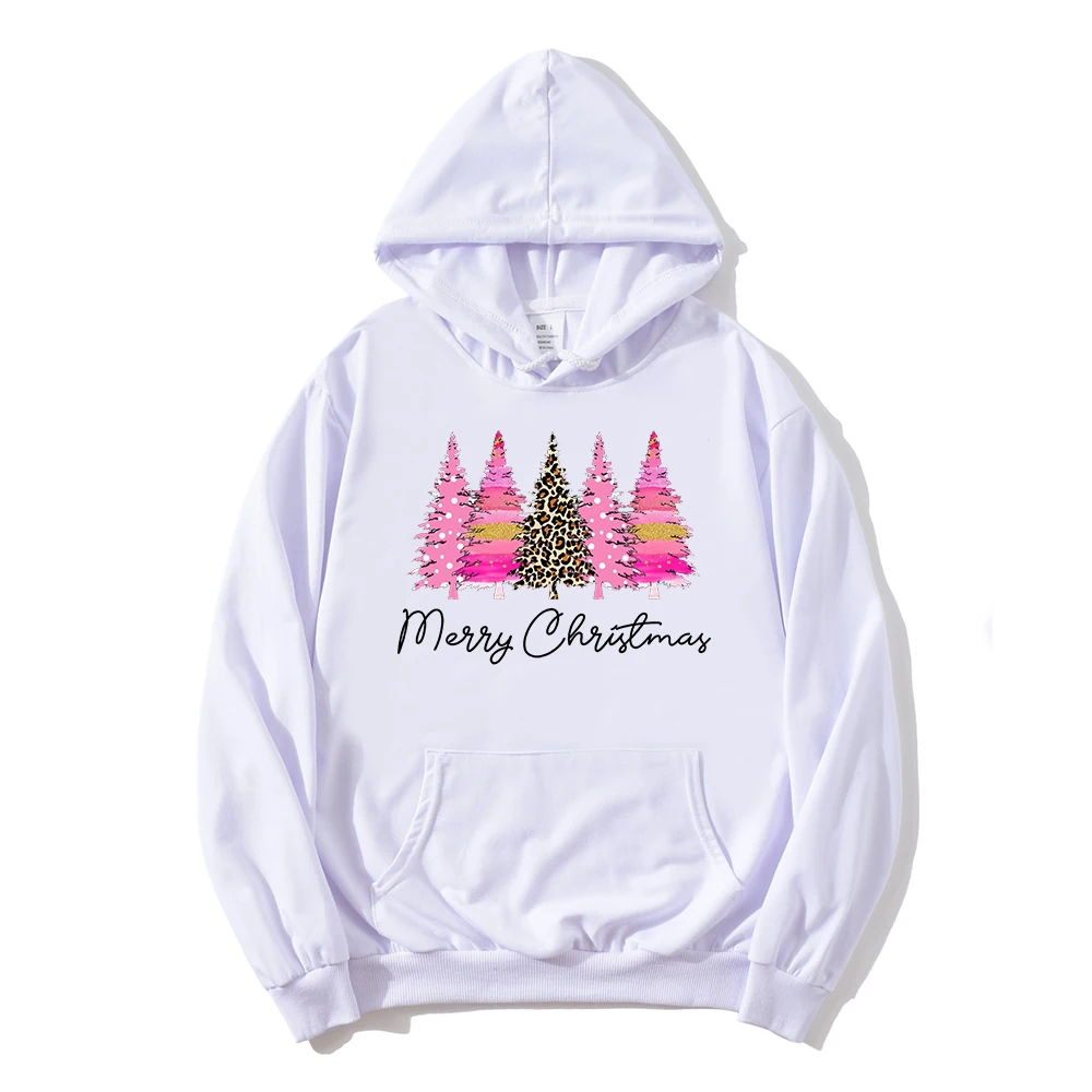 Merry Christmas Pink Sweatshirt Women Winter Clothes Christmas Tree Hoodies Streetwear Christmas Gifts Leopard Print Hoodie