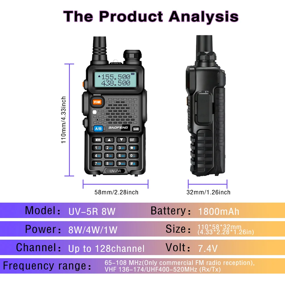 Baofeng 8W UV-5R  Dual Band Ham Amateur Met Vhf Uhf Fm CB 128CH 1800/3800mAh portable Handheld long range Hunting Two  Way Radio