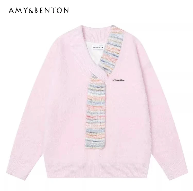 

2025 Autumn New Fleece Scarf Spliced Design V-Neck Knitted Sweater for Women Casual Sweet Style Apricot Long Sleeve Sweater