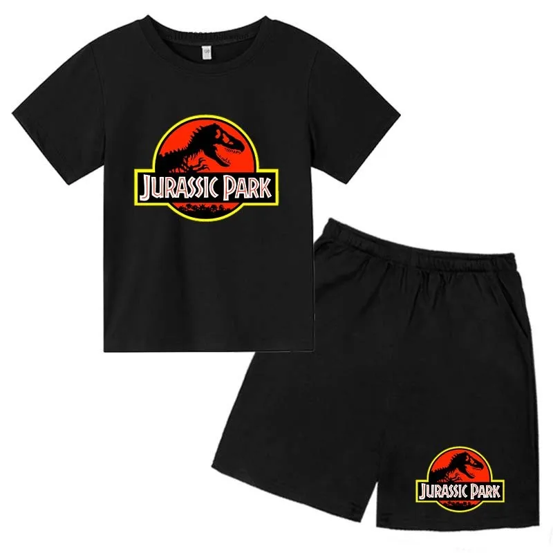 

Jurassic Park Kids Summer Casual Cartton Dinosaur Print Breathable Tees+Shorts 2pcs Suits 2-13 Years Boys Girls Clothes Suits
