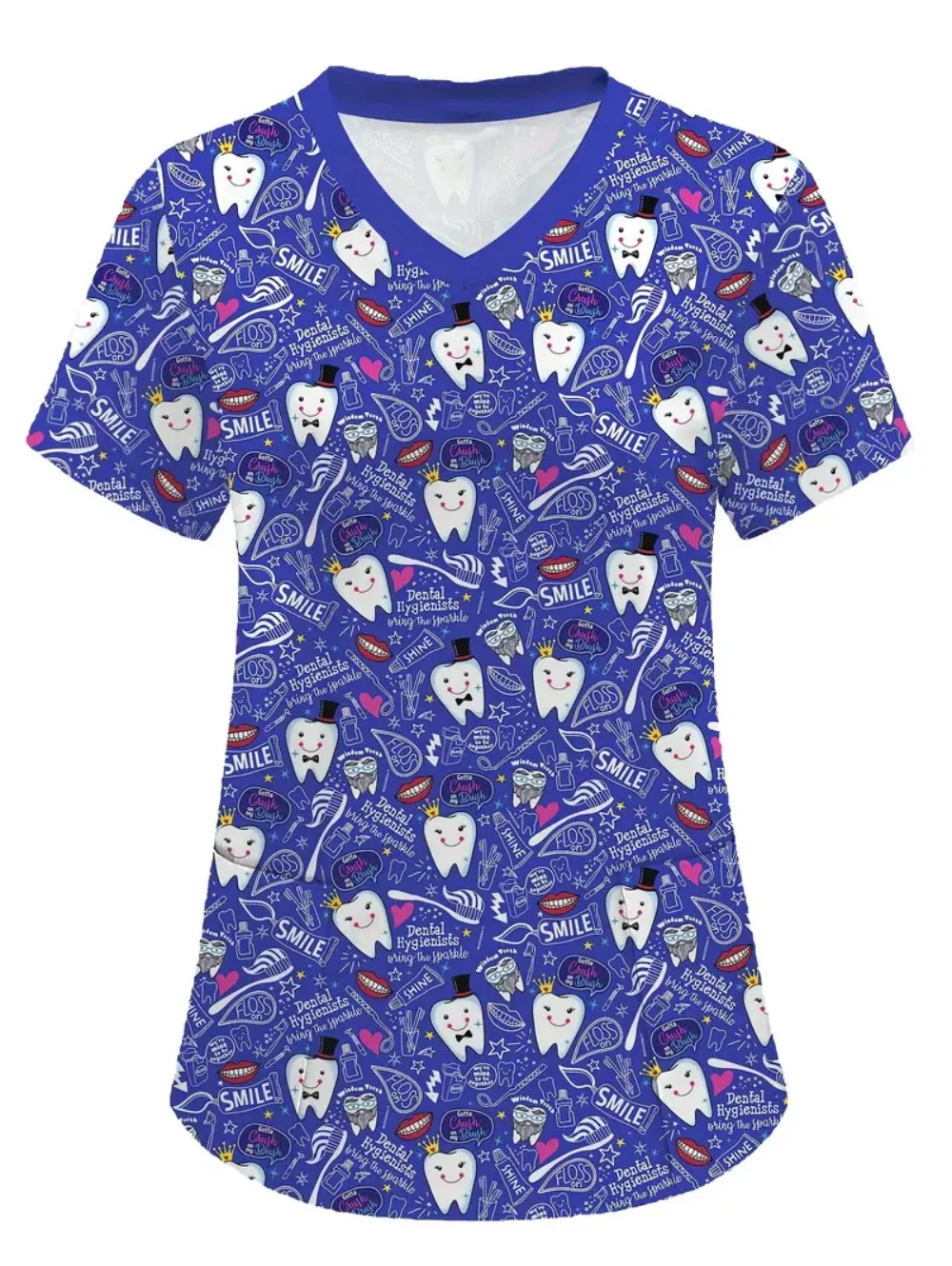 Uniforme clínico mulher com dentes de amor imprimir roupas médicas verão com decote em v casual azul moda manga curta esfrega mulher topos
