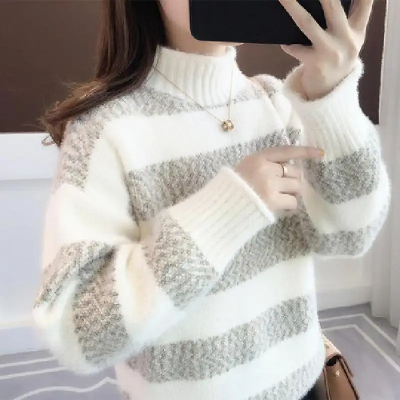 Autumn Winter New Women\'s Fashion Turtleneck Stripe Pullovers Sweaters Elegant Versatile Casual Loose Commuter Long Sleeve Tops