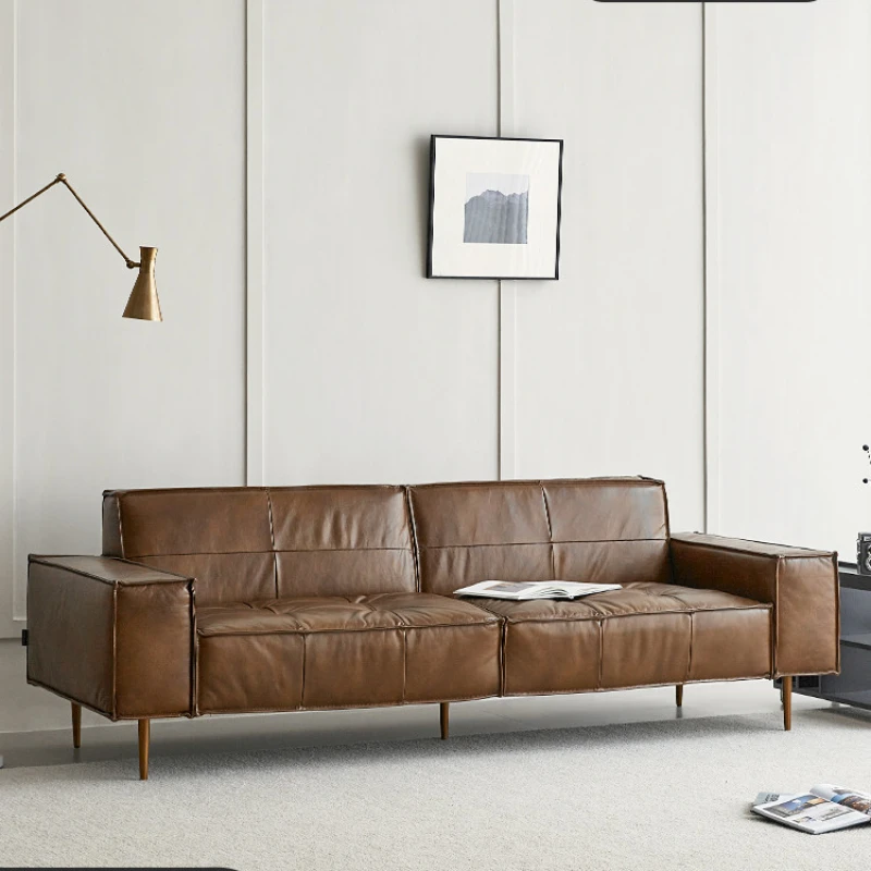 Luxury Italian minimalist leather sofa Home living room three-person leather sofa European Nordic retro leather sofa