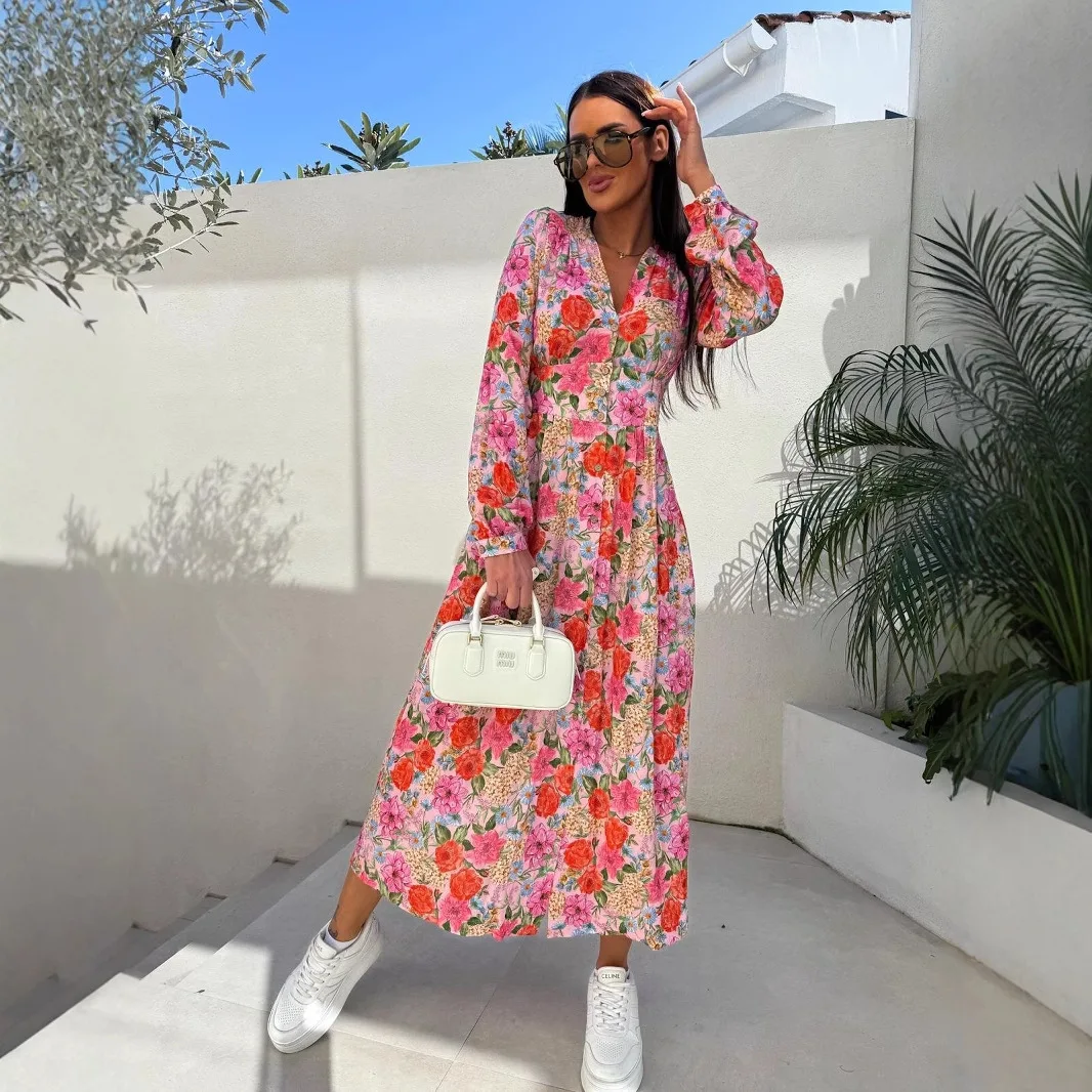 

New Spring Summer Elegant Floral Dress Fashionable Casual V-neck Button Long Sleeve Floral Waisted Beach Robe Dress For Women