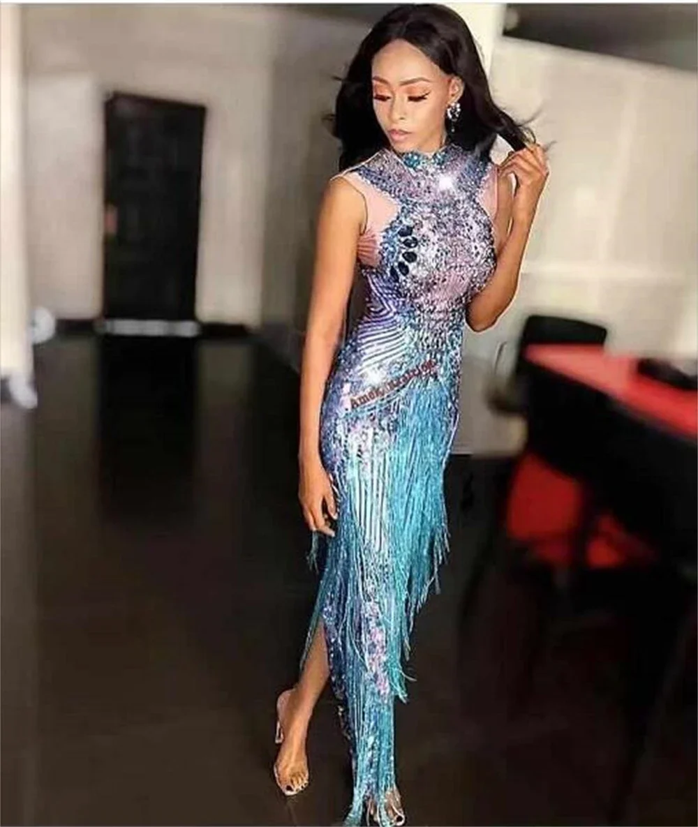 Sleeveless Tassel Club Party Dress Blue Sexy Jazz Singer Dancer Stage Costumes Women Fashion Crystals Rhinestone Long Dress