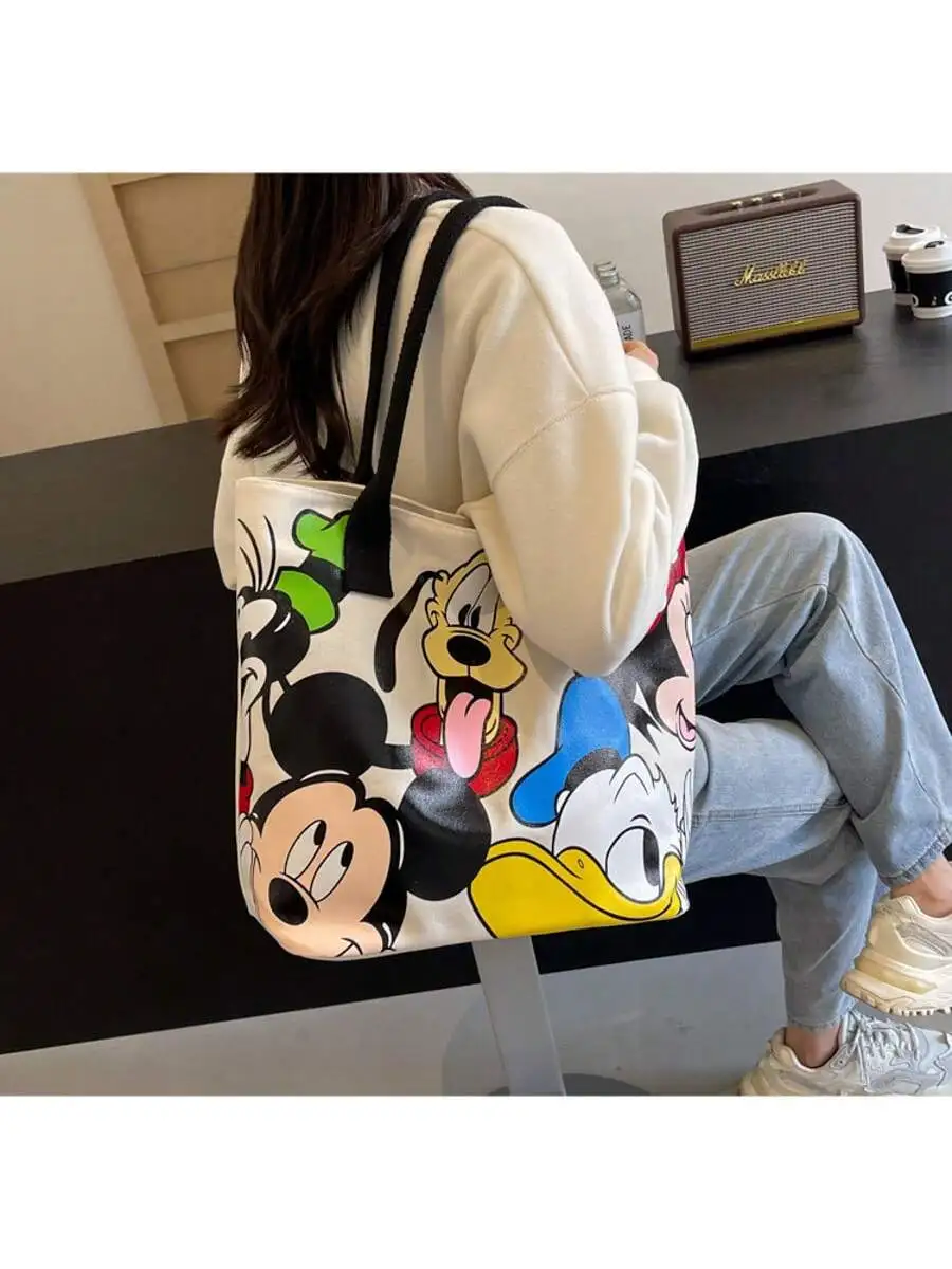 디즈니 미키 마우스 캔버스 보관 가방, 지퍼가 달린 대용량 토트 핸드백, 쇼핑 및 일상 사용에 적합