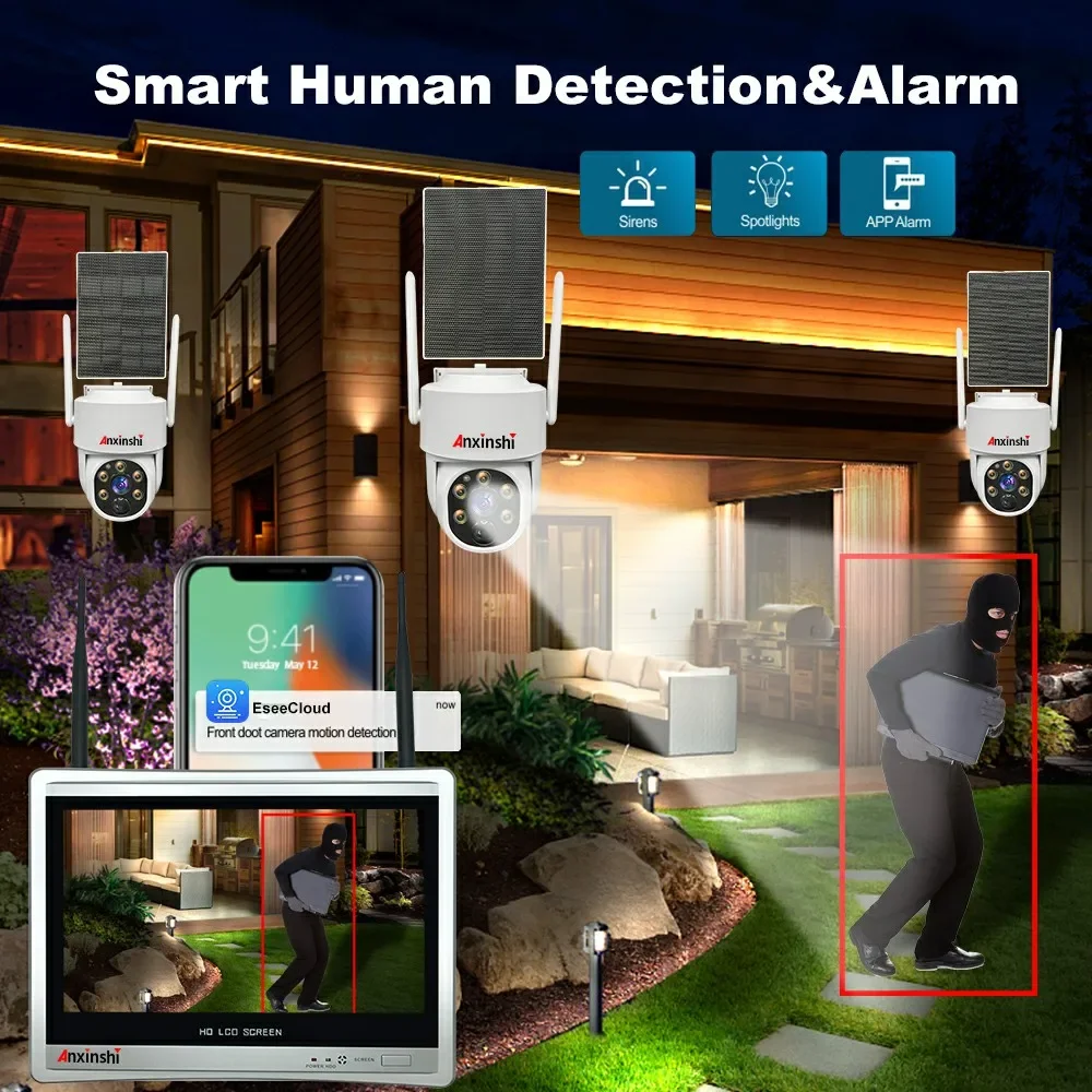 Eseecloud NVR كبير مع كاميرا تعمل بالطاقة الشمسية 4MP PTZ 10CH NVR نظام كاميرا الأمن عدة نظام كاميرا CCTV