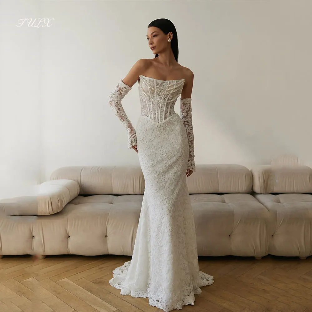 TULX Abiti da sposa in pizzo avorio di lusso senza spalline con perline Set maniche Abiti da sposa Sirena Lunga Robe De Mariée Personalizzato 2026