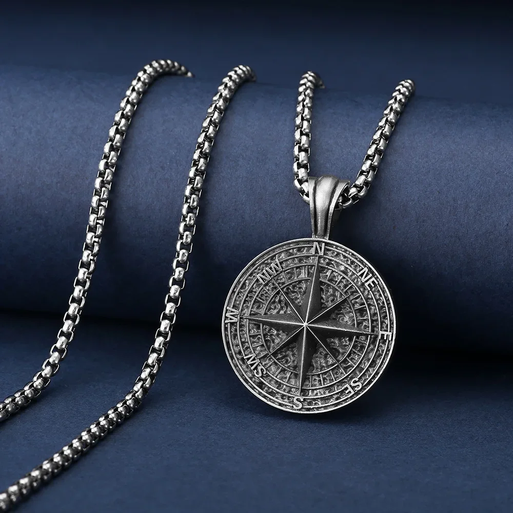 European and American men's retro necklace, titanium steel compass, compass pendant, stainless steel punk jewelry, hip-hop