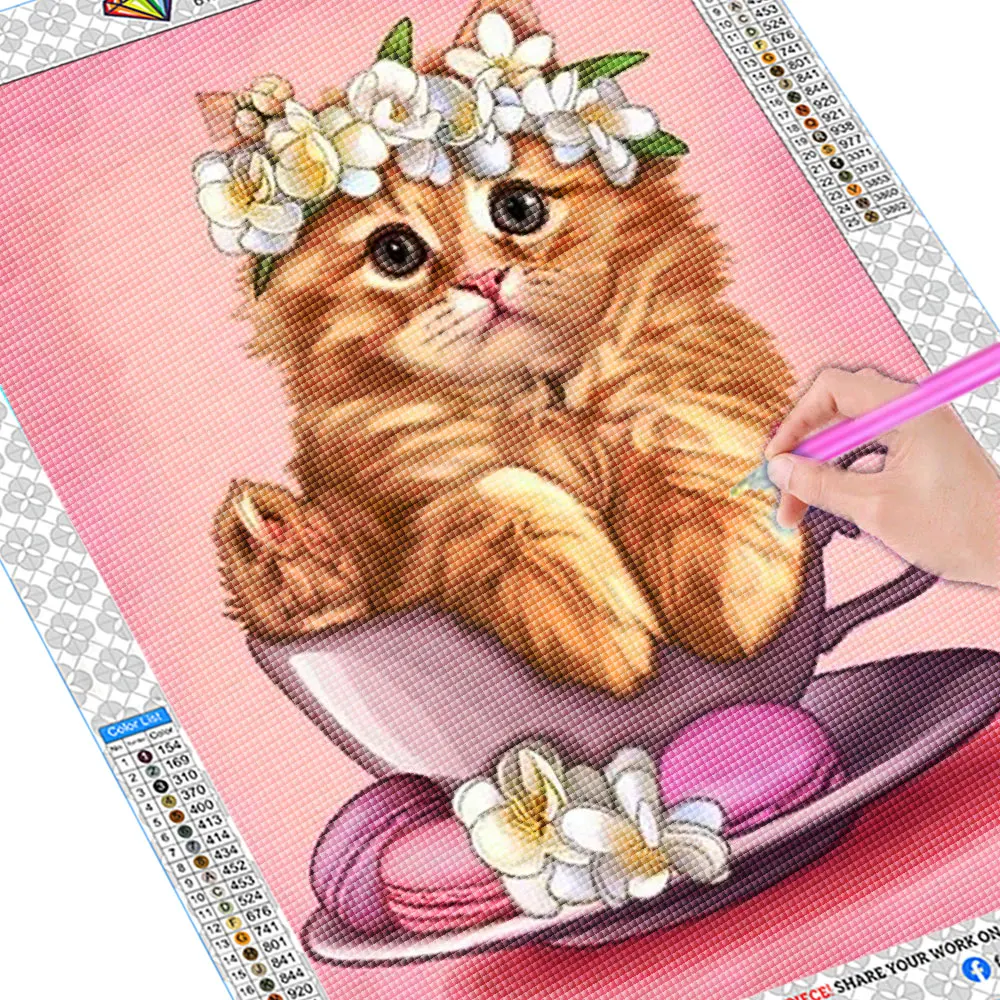 Animal Diamond Embroidery DIY Diamond Painting Cat in Teacup 5D Cross Stitch Kit Needlework Mosaic Art Picture Home Decoration