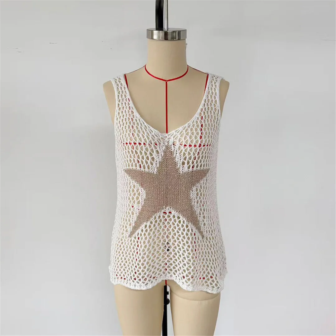 Ärmelloses, gestricktes Tunika-Oberteil mit Sternenmuster, ideal als Stranddecke oder als Oberteil für den Strand, Damenmode, V8517. – Detail 7