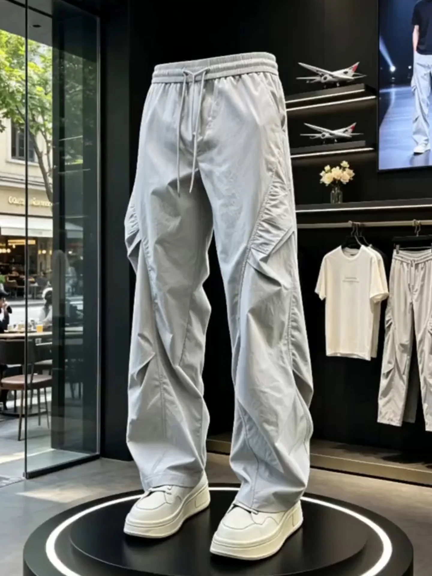 Light Grey American Style Pleated Workwear Pants Men's Summer Thin Cut Umbrella Soldier Assault Pants Ice Silk Quick Dry Casu...