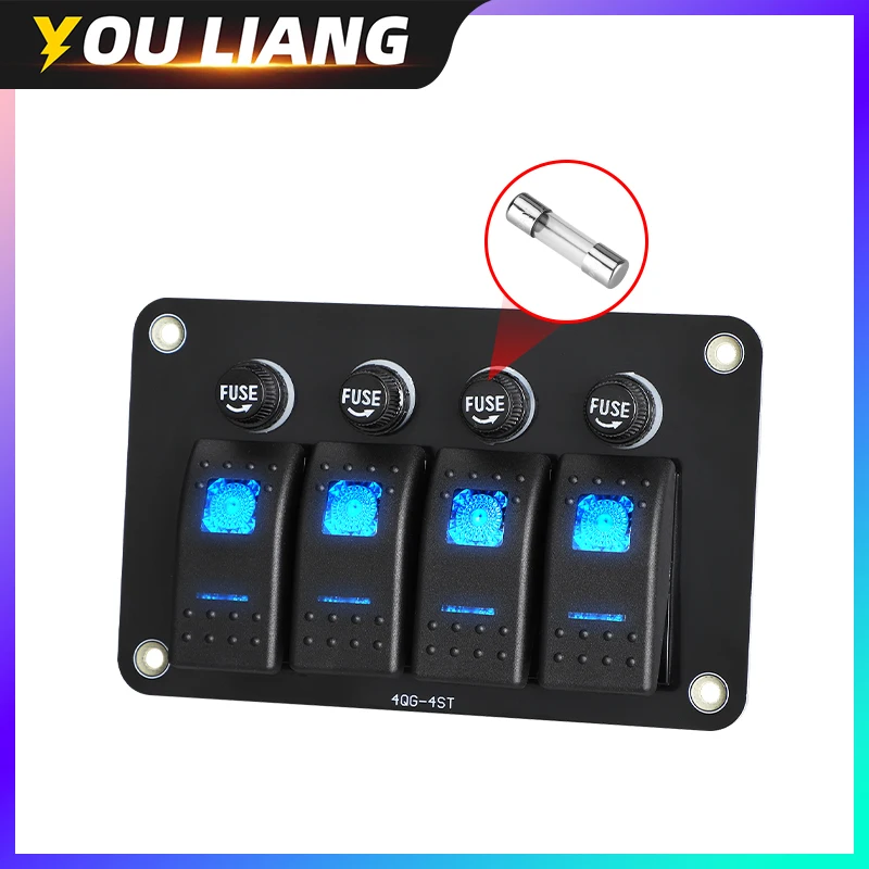 12V/24V Pre-Wired 4 Gang Rocker with Fuse Box Waterproof On-Off Car Boat Switch Panel for Marine Automotive RV Truck ATV Vehicle