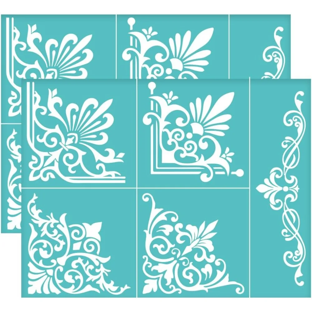 11x8.6 Inch 2Pcs Self-Adhesive Silk Screen Printing Stencil Floral Pattern Mesh Transfers Stencil Baroque Corner Border Silk