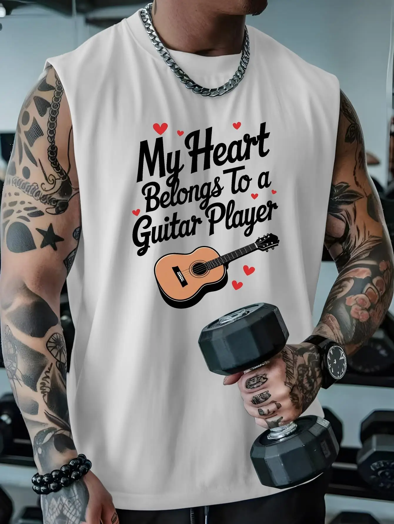 

Men's oversized patterned printed sleeveless vest - My heart belongs to the guitarist design