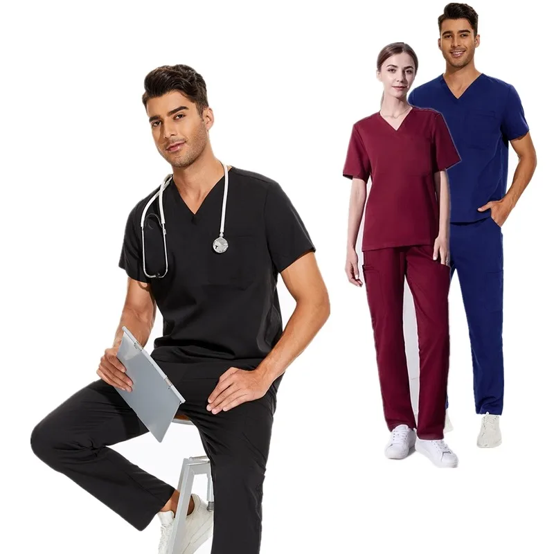 Man or Women Nurse Work Wear Lab Pharmacy Gown Mens Short Sleeve Scrub Uniforms Doctor Overcoats  Dentist Set Medical Tops Pants