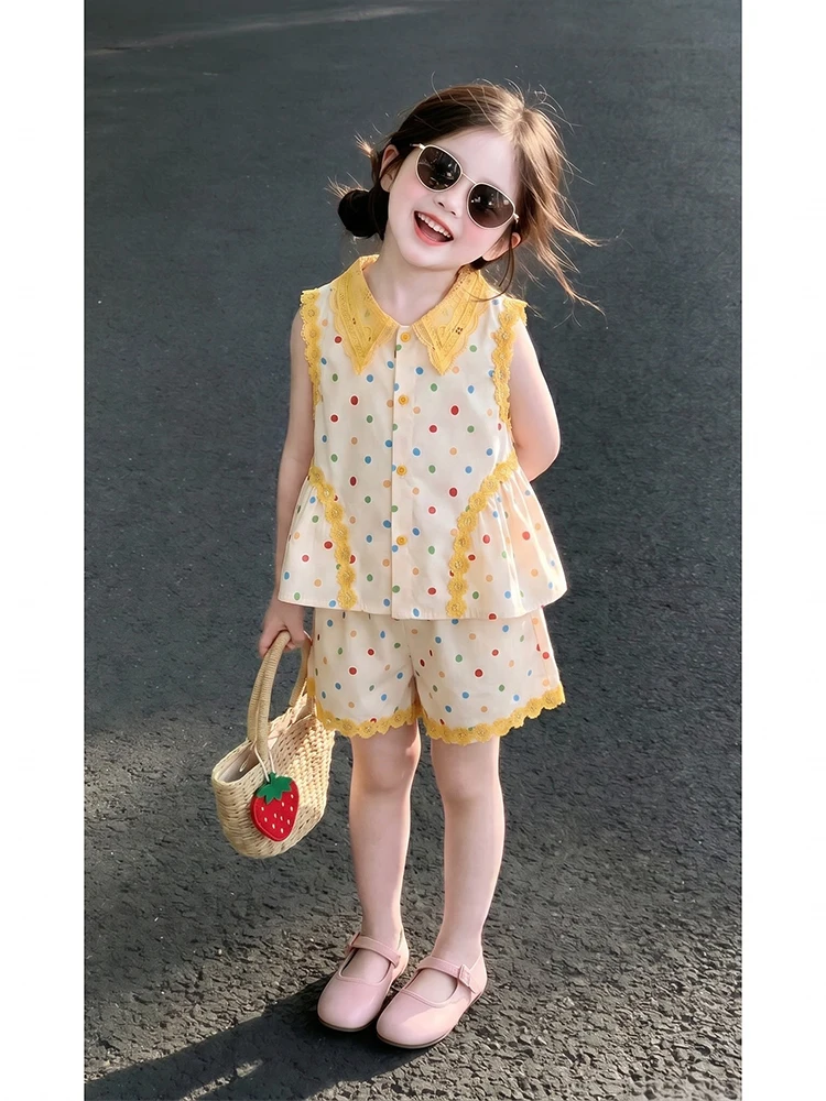princess-style-summer-outfit-for-girls-cute-fashionable-korean-children's-clothing-set-breathable-lightweight-polka-dot-design
