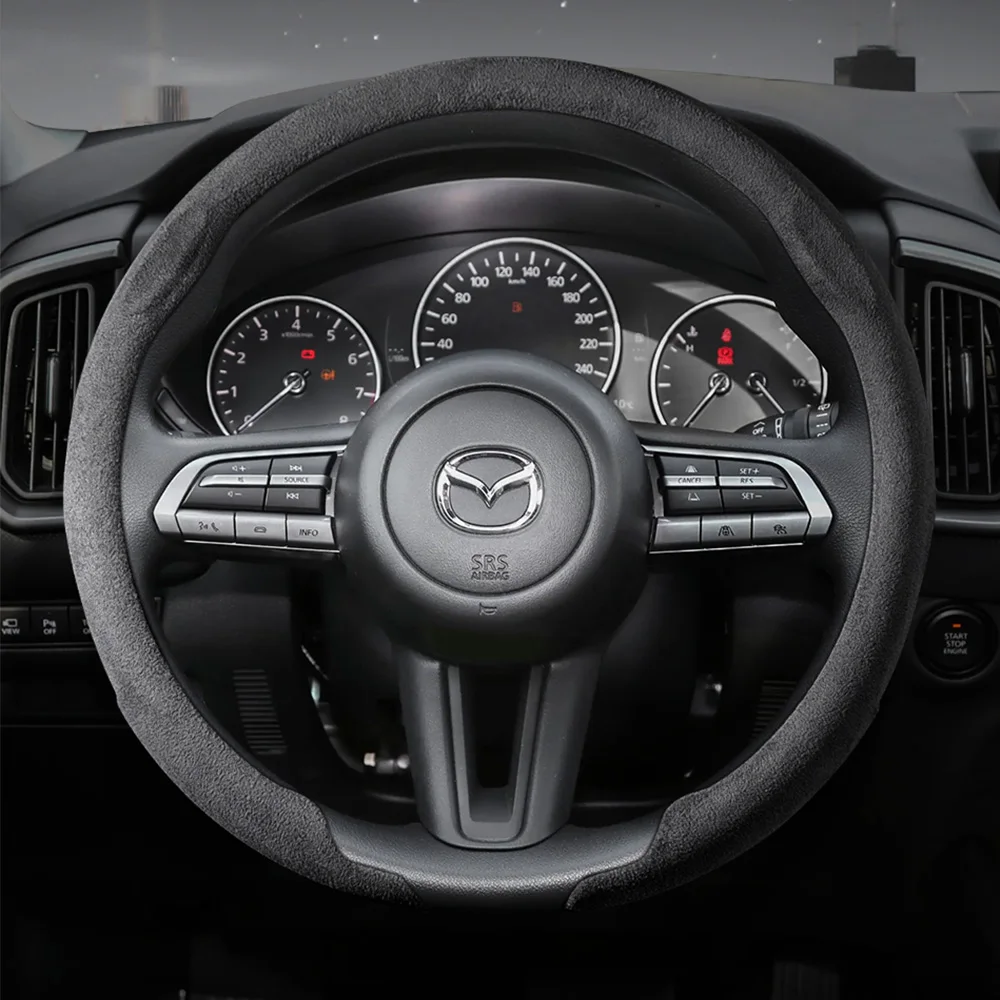 Suitable for Mazda Faux Suede Steering Wheel Cover with Snap-On Installation, Non-Slip and Durable, for Cx-5 Cx-30 Mazda3 Cx-50 Cx-90 Mazda2 Cx-60 Cx-3 Mx-5 Bt-50, Sporty Style Car Interior Accessories