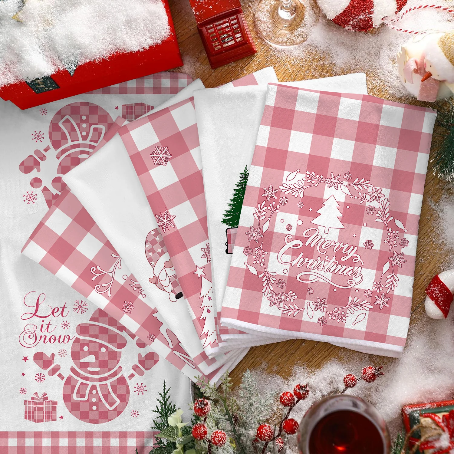 4/6 قطع من مناشف المطبخ لعيد الميلاد، شبكة الجاموس الوردي، شاحنة قزم شتوية، تصميم رجل الثلج، أطباق بنمط مطبوع، سهلة التنظيف #3