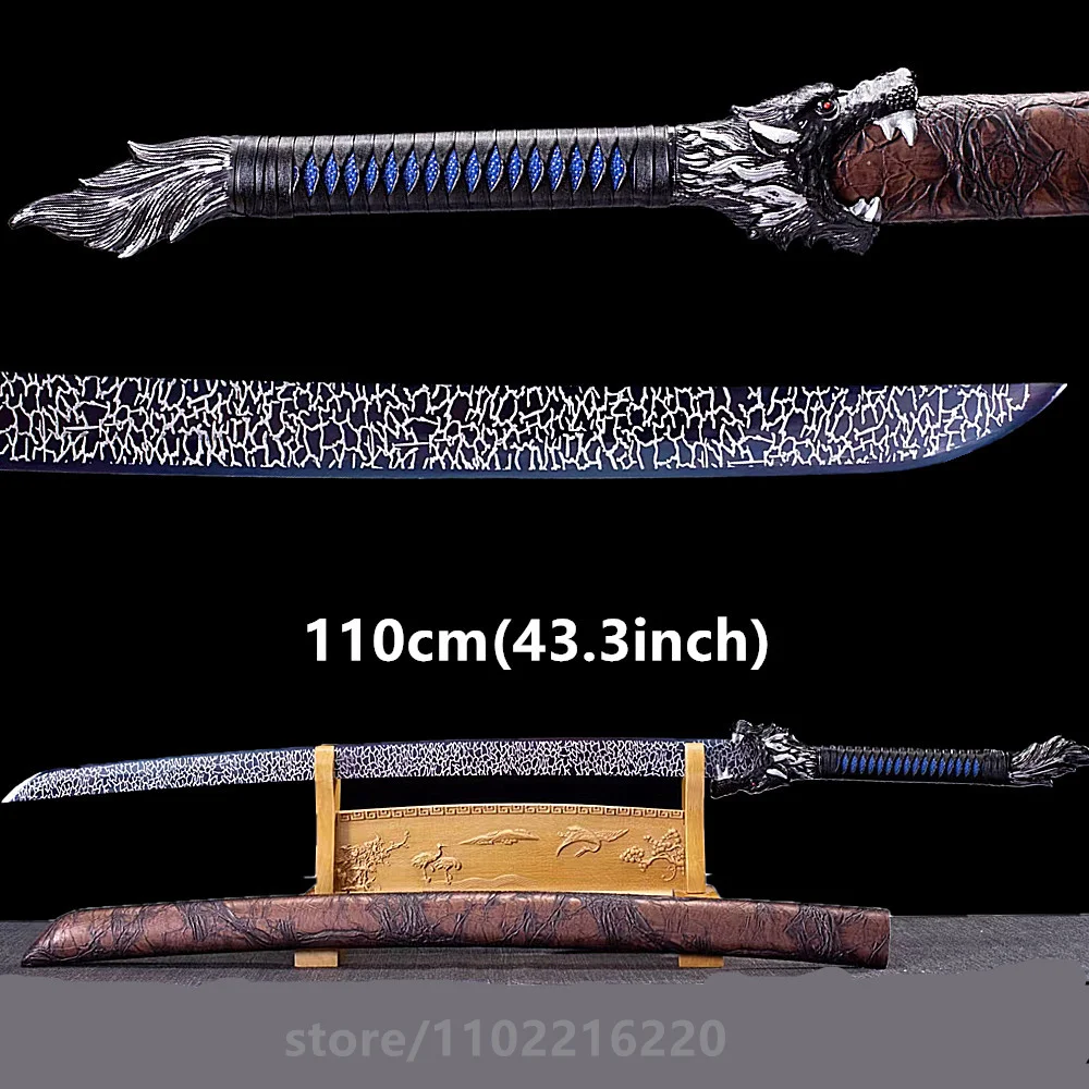 Very Cool Wolf Battle Sword Forged Handmade Unique High Manganese Steel Blue Blade Martial Art Sword Full Tang Leather Sheath