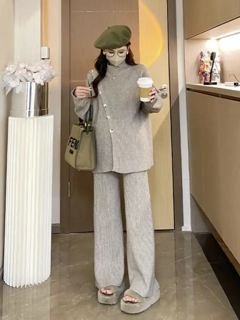 Stylish Knitted Casual Set for Women's Autumn and Winter New Style Loose Diagonal Button Sweater Wide Leg Pants Two Piece Set