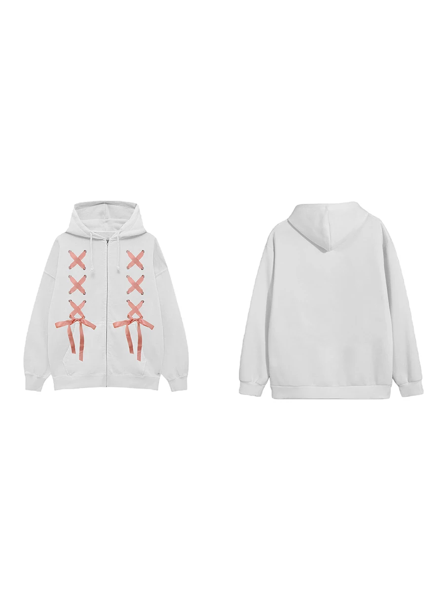 Wanita Zip up Hoodies Cross Tie up Bow longgar lengan panjang Hooded Sweatshirt jaket dengan saku untuk musim gugur Streetwear