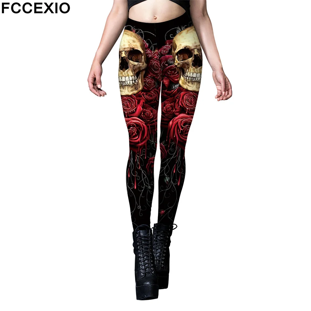 FCCEXIO-mallas con estampado de calavera para Mujer, Leggings Sexy, elásticos, Push Up, para fiesta de Halloween, Cosplay, novedad