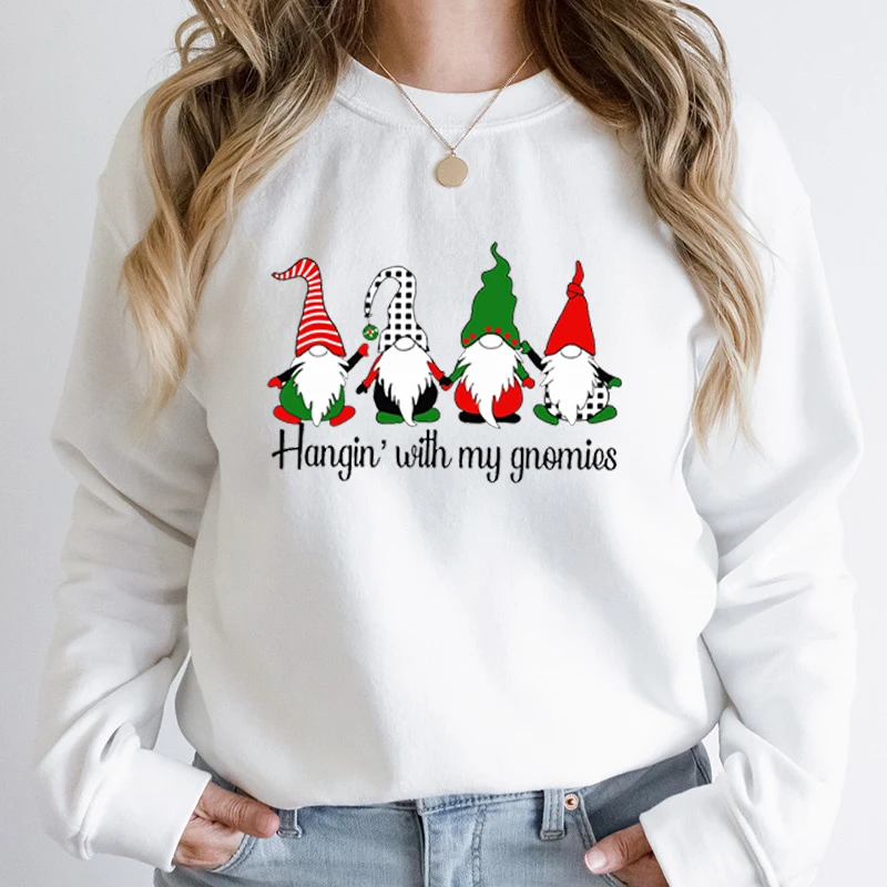 Christmas Hangin\' With My Gnomies Print Pullover Autumn Winter Creative Christmas Tops Ladies Casual Sweatshirts O Neck Pullover