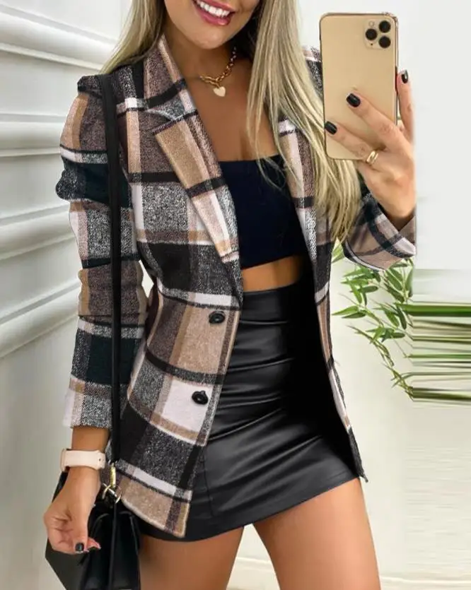 

Casual Work Office Jacket Office Lady Outfits 2024 Autumn and Winter Plaid Print Button Front Long Sleeve Coat Women's Fashion