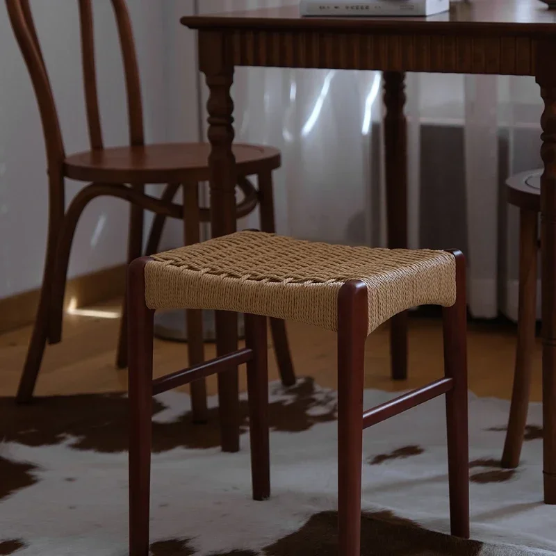 Vintage Entrance Stool - Rattan Vanity Chair, Simple Bedside & Dining Step Stool for Classic Interiors, Minimal Bench.