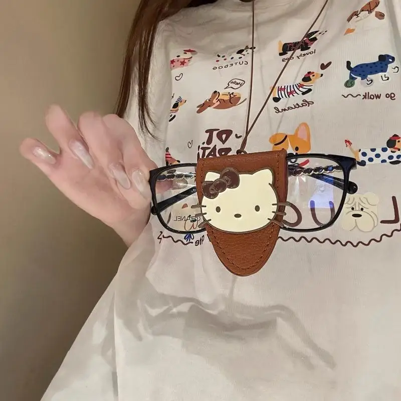 

Sanrio Hello Kitty, кожаные очки с лямкой на шее, милая сумка для хранения, универсальное длинное стильное ожерелье для отдыха, женская цепочка для свитера