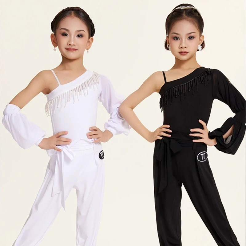 

Children Ballroom Dance Performance Clothes Girls Single Sleeve Latin Dance Professional Costume Kids Training Suits SL12552
