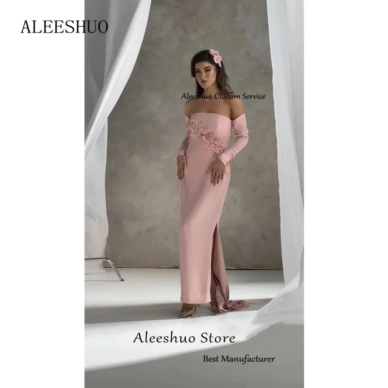 Aleeshuo abiti da sera eleganti con spacco lungo Appliques Satin arabia saudita abiti da ballo senza spalline maniche lunghe senza schienale lunghezza della caviglia